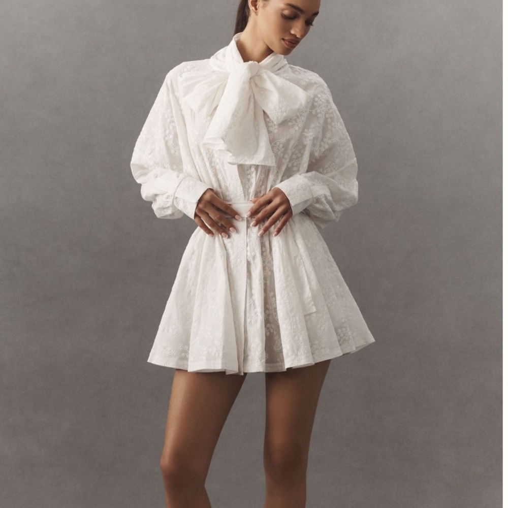 Norma Kamali Long-Sleeve Oversized Bow-Neck Mini Shirt Dress